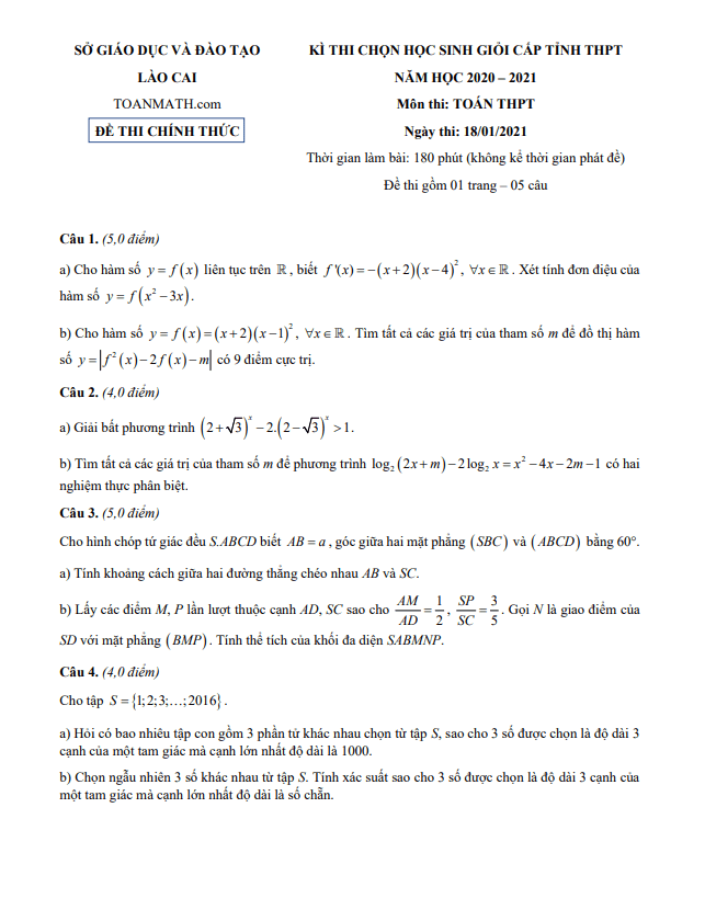 Đề thi học sinh giỏi tỉnh Toán THPT năm 2020 2021 sở GD&ĐT Lào Cai