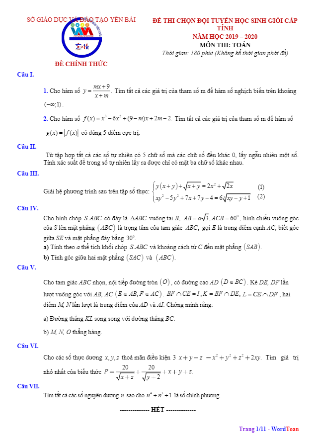 Đề thi học sinh giỏi Toán 12 cấp tỉnh năm 2019 2020 sở GD&ĐT Yên Bái