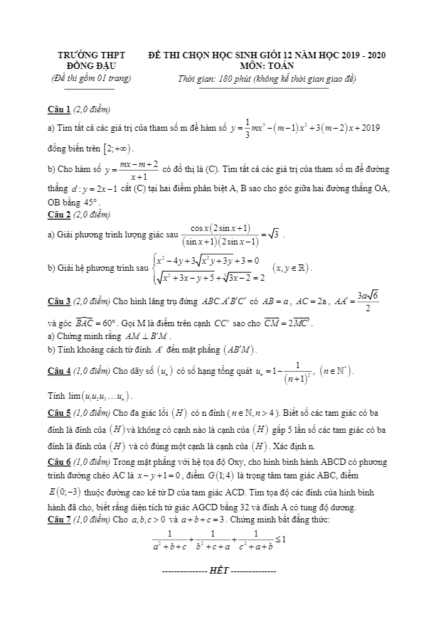 Đề thi học sinh giỏi Toán 12 năm 2019 2020 trường Đồng Đậu Vĩnh Phúc