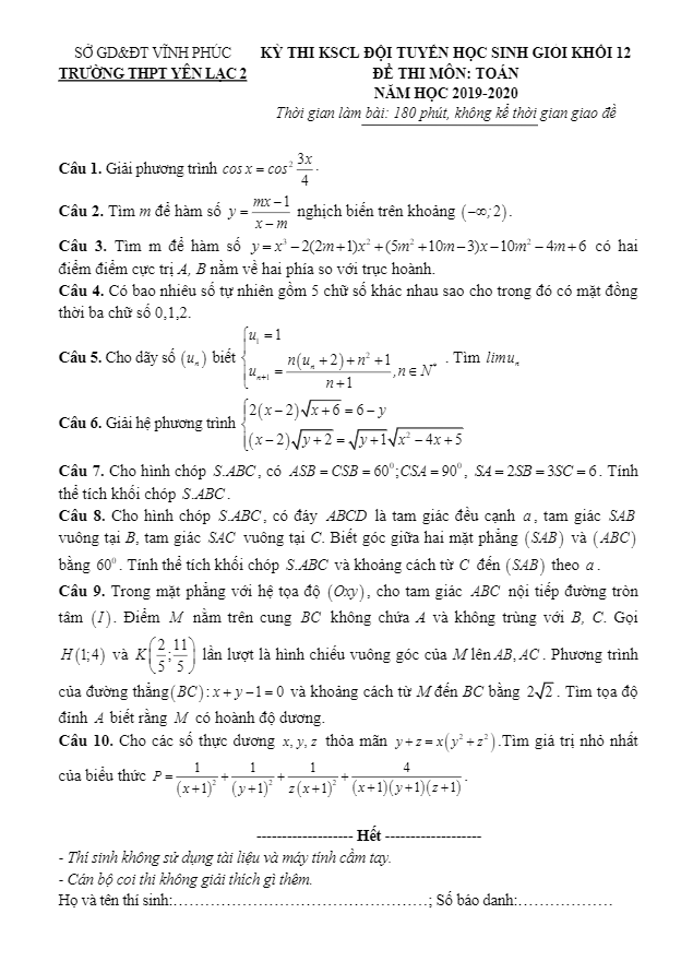 Đề thi học sinh giỏi Toán 12 năm 2019 2020 trường Yên Lạc 2 Vĩnh Phúc