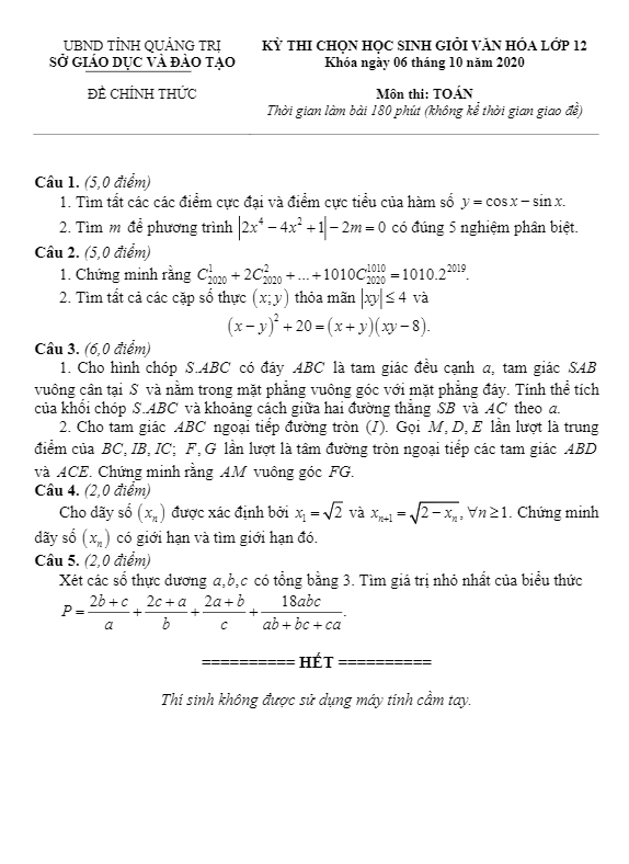 Đề thi học sinh giỏi Toán 12 năm 2020 2021 sở GD&ĐT Quảng Trị