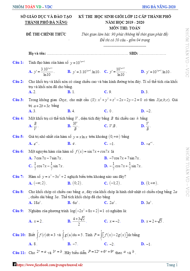 Đề thi học sinh giỏi Toán 12 năm học 2019 2020 sở GD&ĐT Đà Nẵng