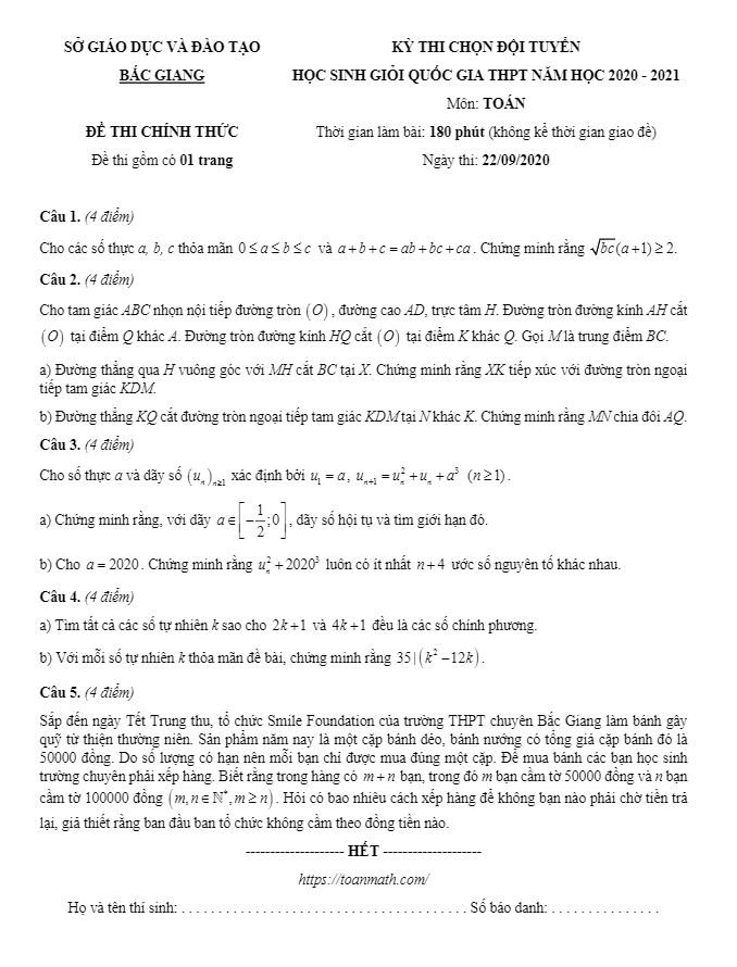 Đề thi học sinh giỏi Toán năm học 2020 2021 sở GD&ĐT Bắc Giang