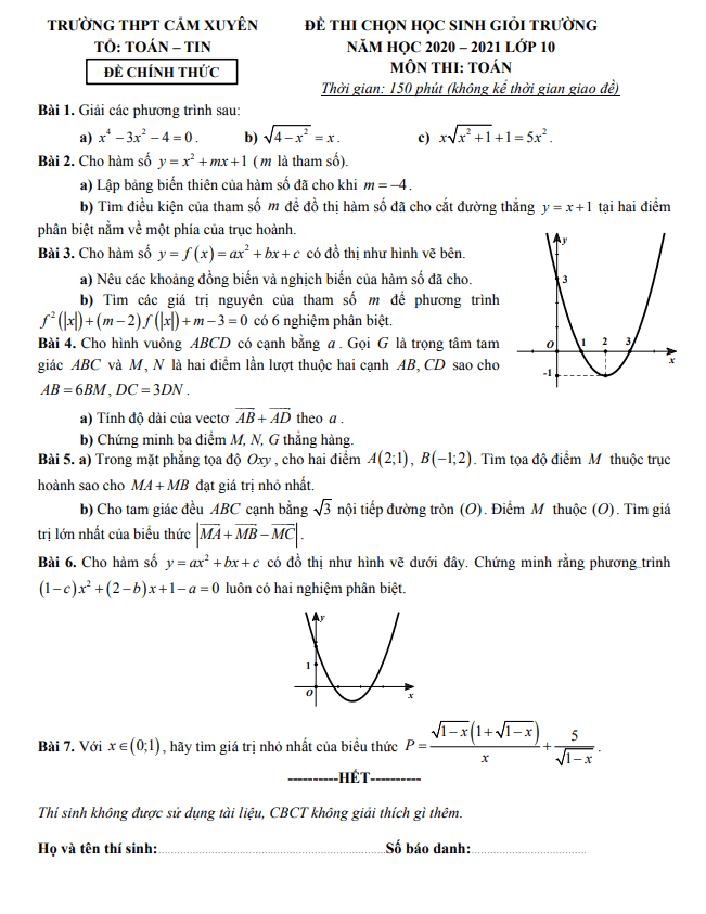 Đề thi HSG cấp trường Toán 10 năm 2020 2021 trường Cẩm Xuyên Hà Tĩnh