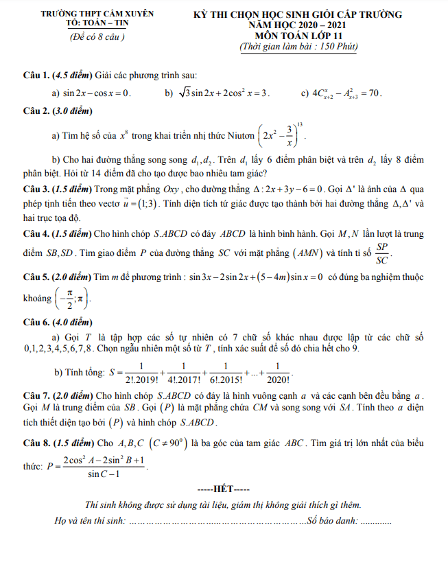 Đề thi HSG cấp trường Toán 11 năm 2020 2021 trường Cẩm Xuyên Hà Tĩnh