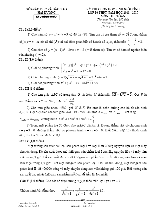 Đề thi HSG tỉnh Toán 10 THPT năm 2018 2019 sở GD&ĐT Hải Dương