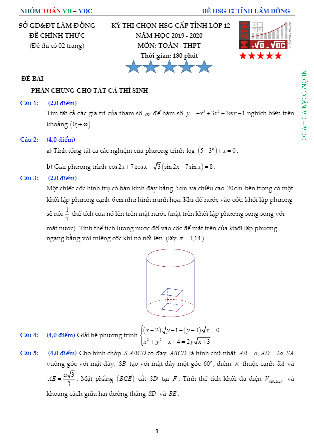 Đề thi HSG tỉnh Toán 12 năm 2019 2020 sở GD&ĐT Lâm Đồng
