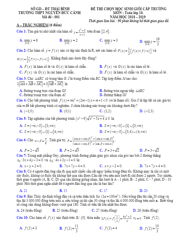 Đề thi HSG Toán 10 năm 2018 2019 trường Nguyễn Đức Cảnh Thái Bình