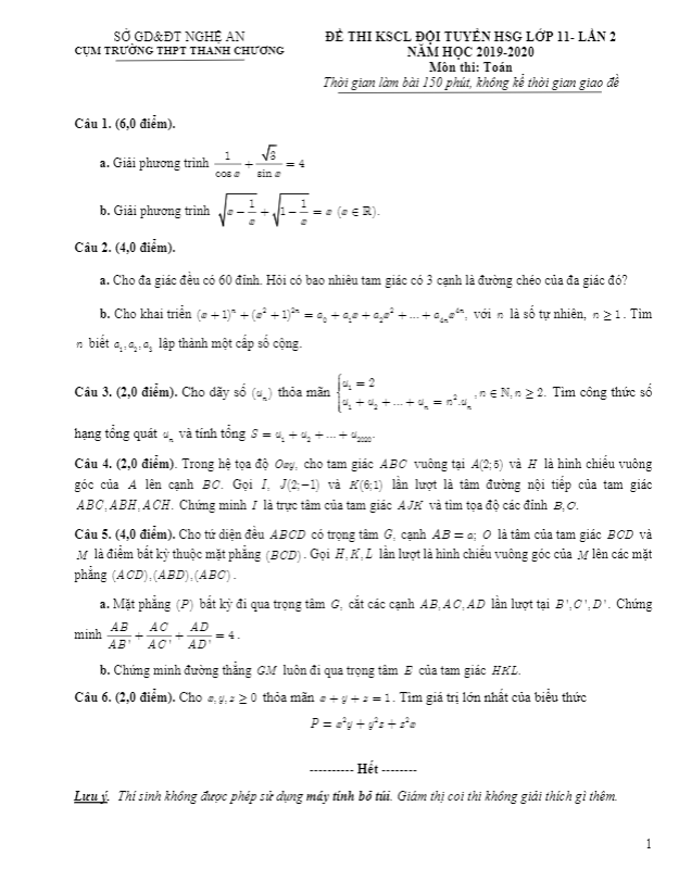 Đề thi HSG Toán 11 lần 2 năm 2019 2020 cụm trường THPT Thanh Chương Nghệ An