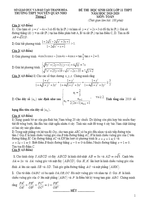 Đề thi HSG Toán 11 năm 2019 2020 trường Nguyễn Quán Nho Thanh Hóa