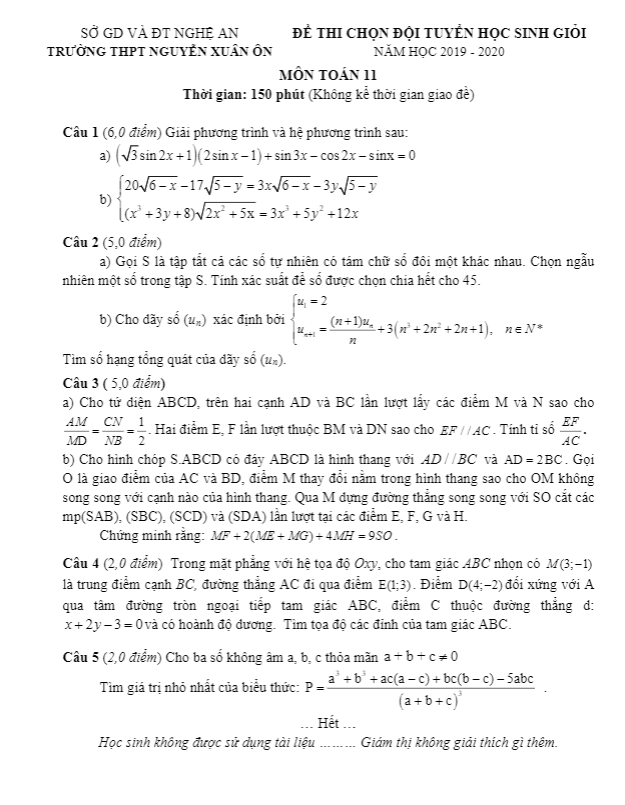 Đề thi HSG Toán 11 năm 2019 2020 trường THPT Nguyễn Xuân Ôn Nghệ An