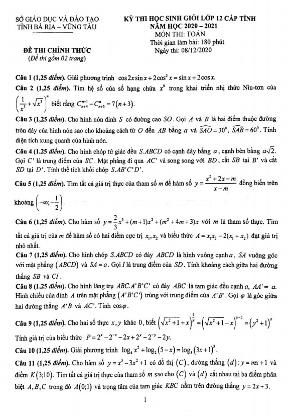 Đề thi HSG Toán 12 cấp tỉnh năm 2020 2021 sở GD&ĐT Bà Rịa Vũng Tàu
