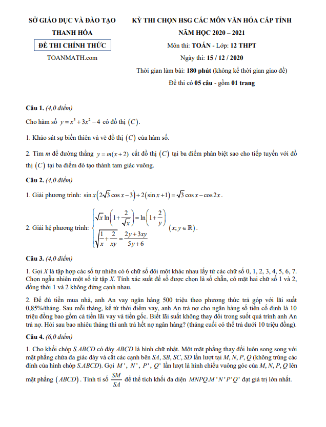 Đề thi HSG Toán 12 cấp tỉnh năm 2020 2021 sở GD&ĐT Thanh Hóa