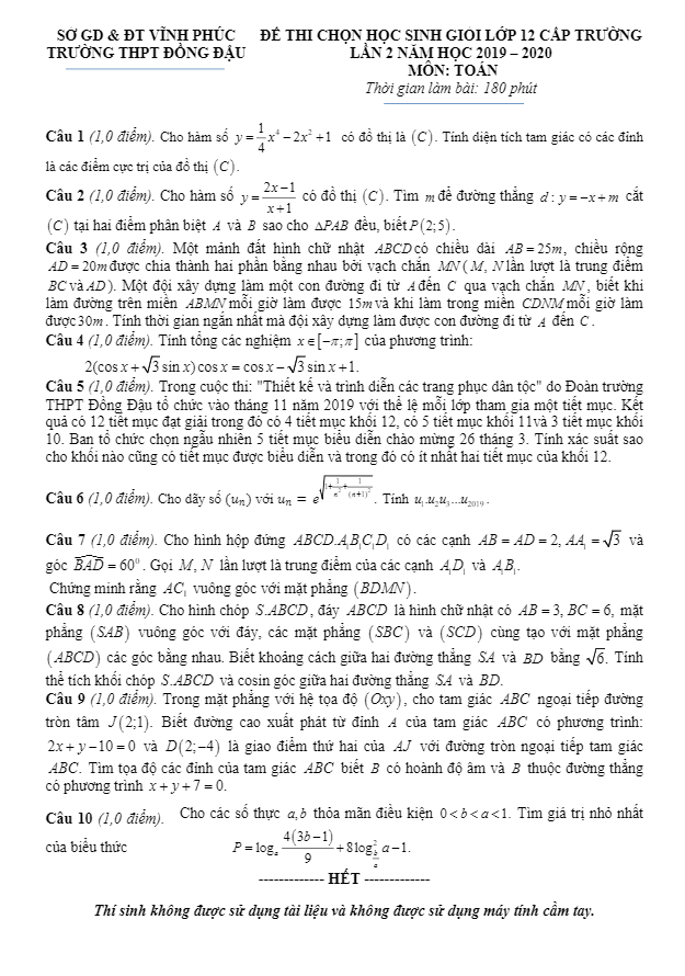 Đề thi HSG Toán 12 lần 2 năm 2019 2020 trường THPT Đồng Đậu Vĩnh Phúc