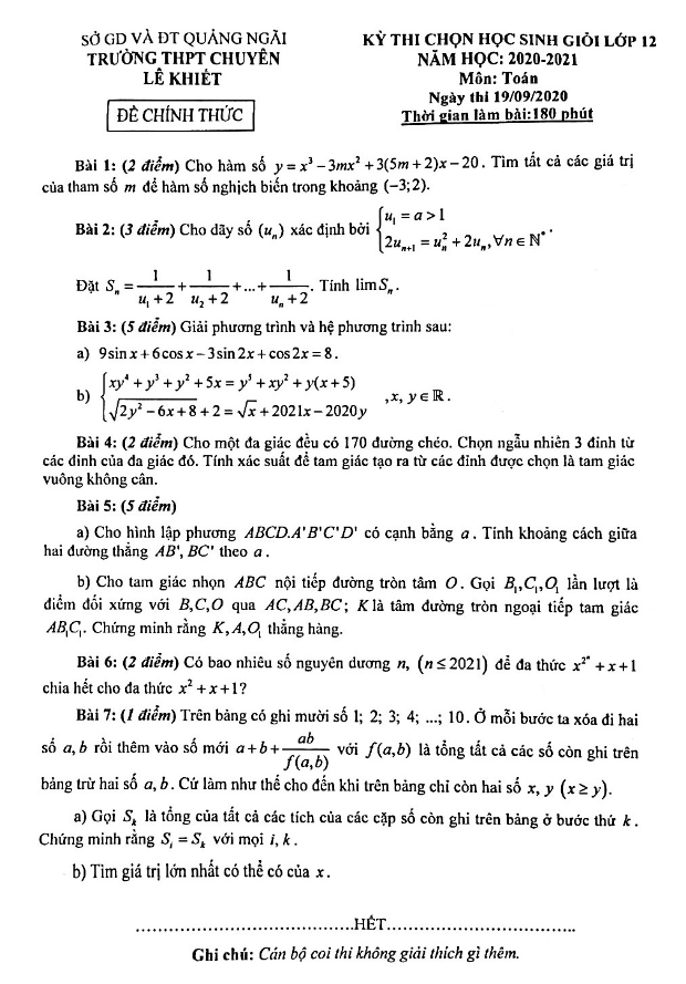 Đề thi HSG Toán 12 năm 2020 2021 trường THPT chuyên Lê Khiết Quảng Ngãi