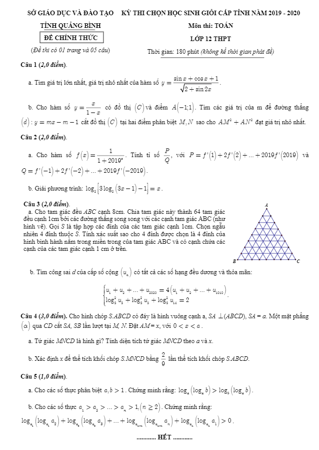 Đề thi HSG Toán 12 THPT cấp tỉnh năm 2019 2020 sở GD&ĐT Quảng Bình