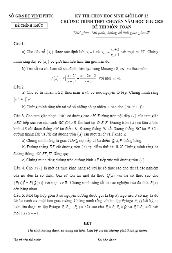 Đề thi HSG Toán 12 THPT chuyên năm học 2019 2020 sở GD&ĐT Vĩnh Phúc