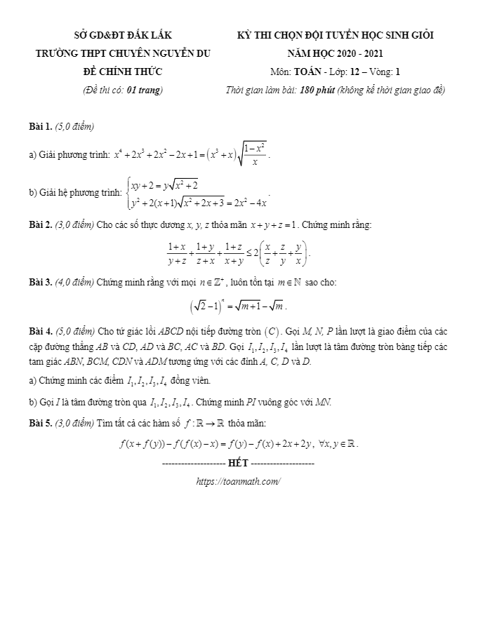 Đề thi HSG Toán 12 (vòng 1) năm 2020 2021 trường chuyên Nguyễn Du Đắk Lắk