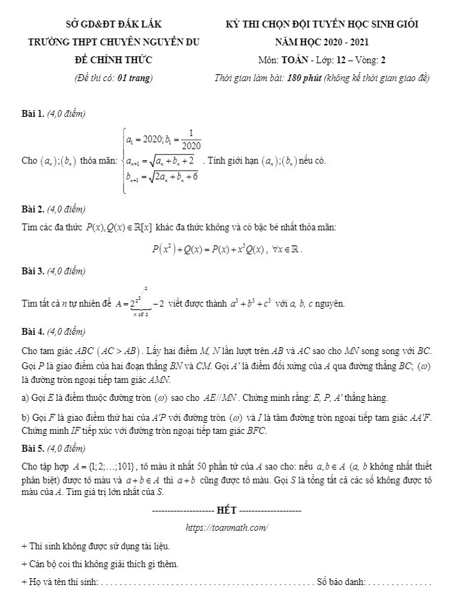 Đề thi HSG Toán 12 (vòng 2) năm 2020 2021 trường chuyên Nguyễn Du Đắk Lắk