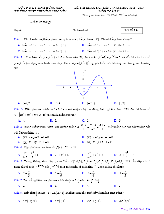 Đề thi khảo sát Toán 12 lần 3 năm 2018 2019 trường THPT chuyên Hưng Yên