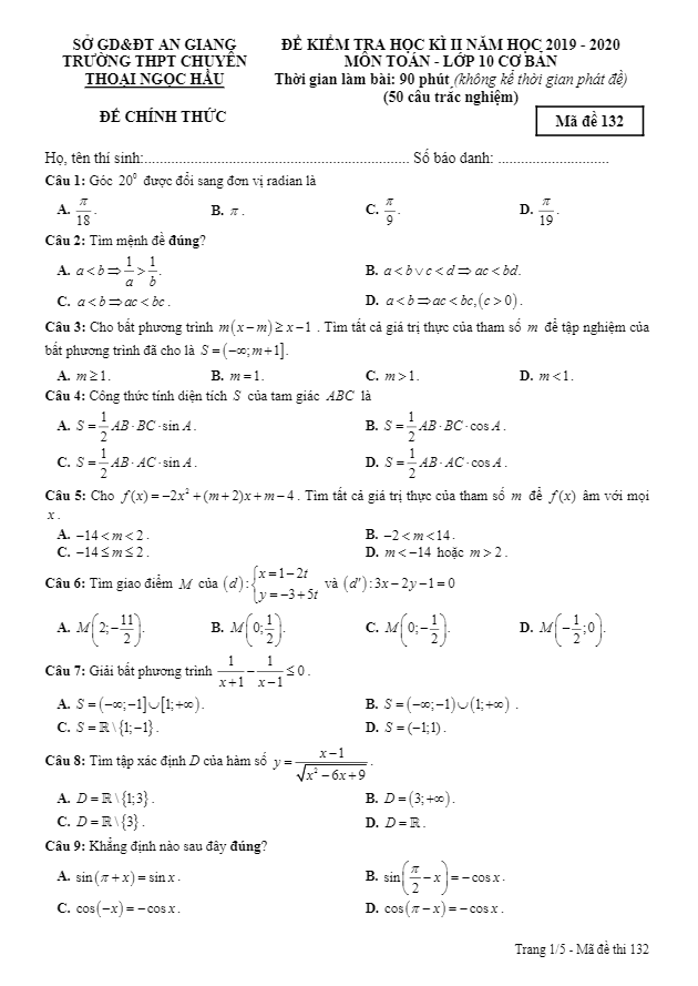Đề thi kì 2 Toán 10 CB năm 2019 2020 trường chuyên Thoại Ngọc Hầu An Giang