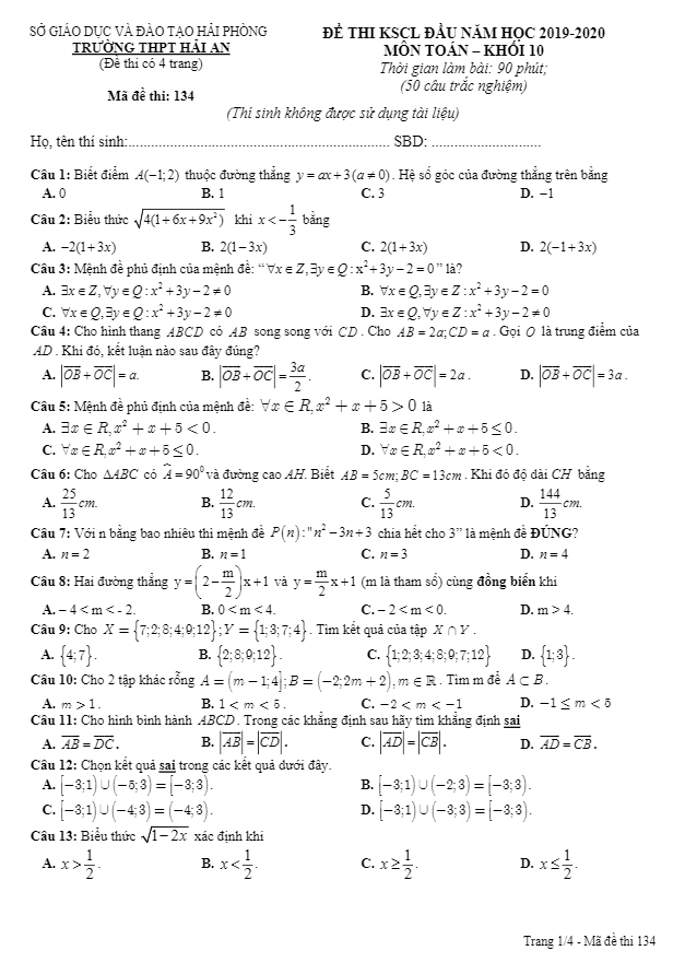 Đề thi KSCL đầu năm Toán 10 năm 2019 2020 trường Hải An Hải Phòng