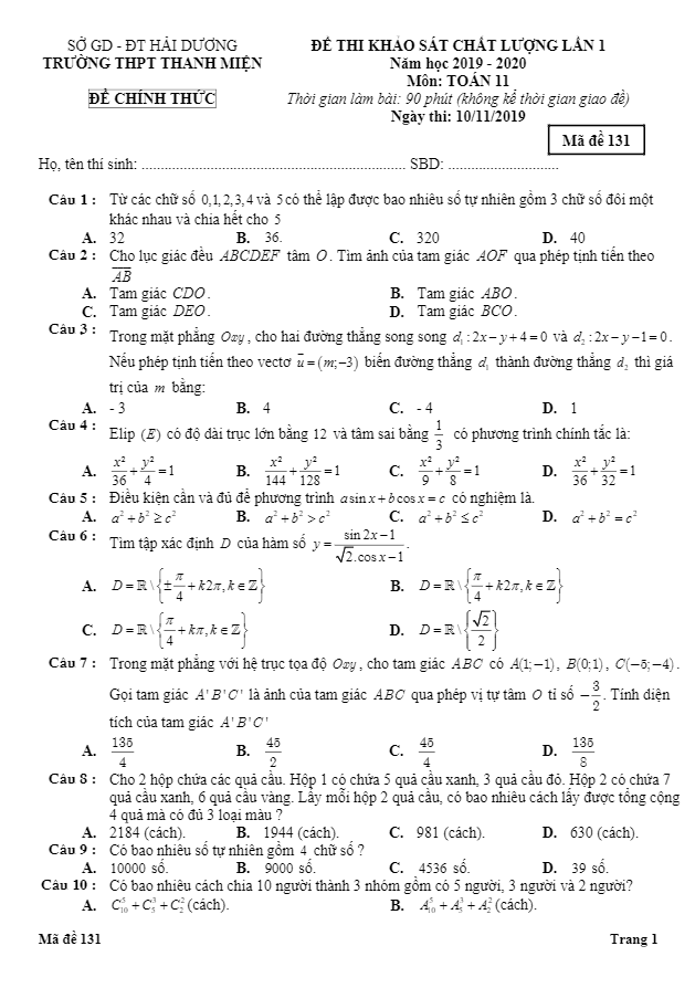 Đề thi KSCL lần 1 Toán 11 năm 2019 2020 trường Thanh Miện Hải Dương