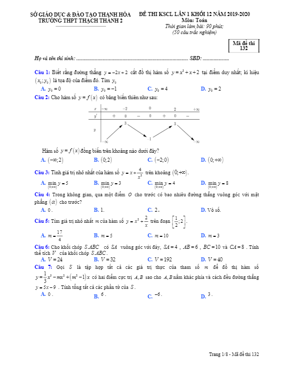 Đề thi KSCL lần 1 Toán 12 năm 2019 2020 trường Thạch Thành 2 Thanh Hóa