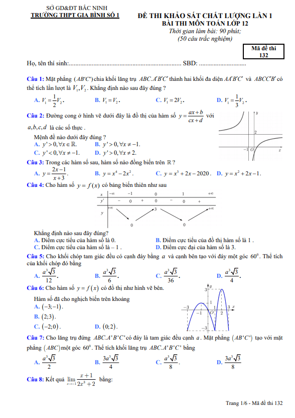 Đề thi KSCL lần 1 Toán 12 năm 2020 2021 trường THPT Gia Bình 1 Bắc Ninh