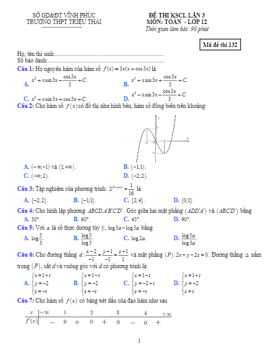 Đề thi KSCL lần 3 Toán 12 năm 2018 2019 trường Triệu Thái Vĩnh Phúc