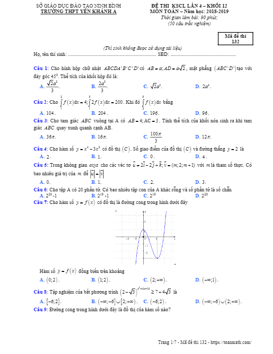 Đề thi KSCL lần 4 Toán 12 năm 2018 2019 trường Yên Khánh A Ninh Bình