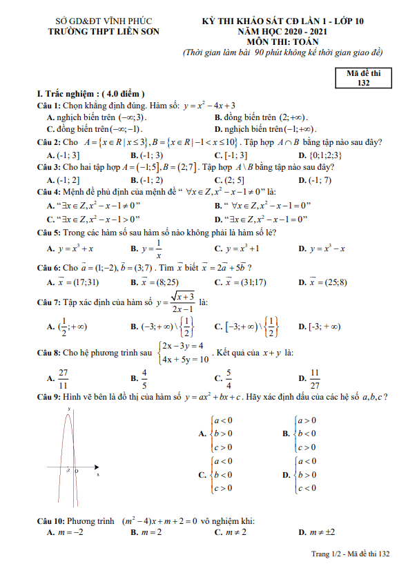 Đề thi KSCL Toán 10 lần 1 năm 2020 2021 trường THPT Liễn Sơn Vĩnh Phúc