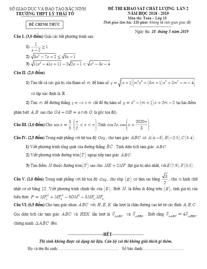 Đề thi KSCL Toán 10 lần 2 năm 2018 2019 trường Lý Thái Tổ Bắc Ninh