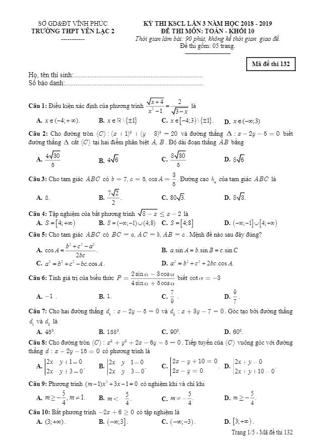 Đề thi KSCL Toán 10 lần 3 năm 2018 2019 trường Yên Lạc 2 Vĩnh Phúc