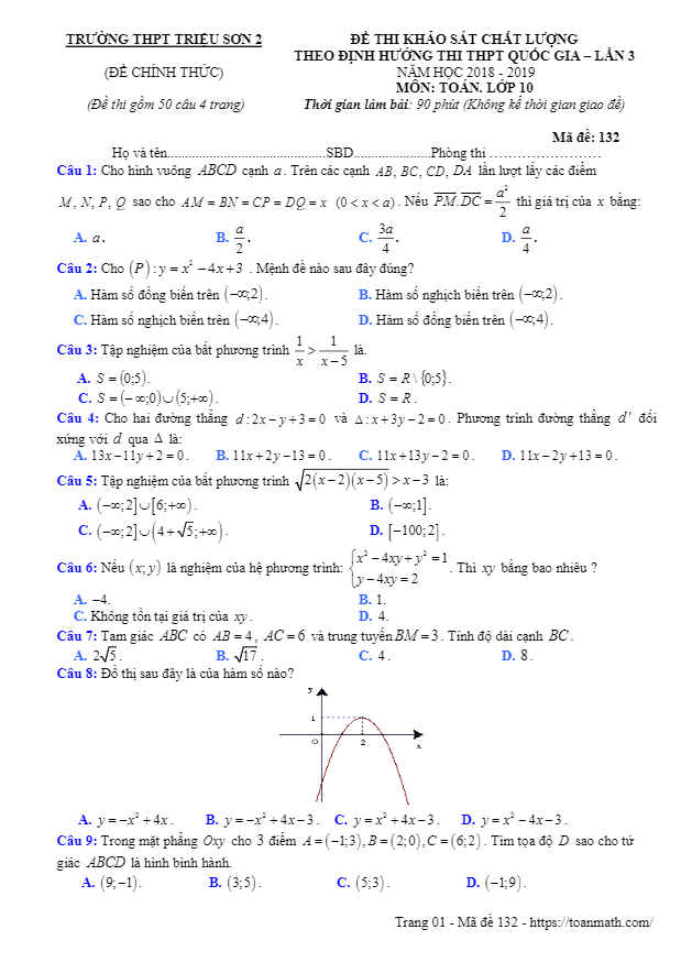 Đề thi KSCL Toán 10 THPTQG lần 3 năm 2018 2019 trường Triệu Sơn 2 Thanh Hoá