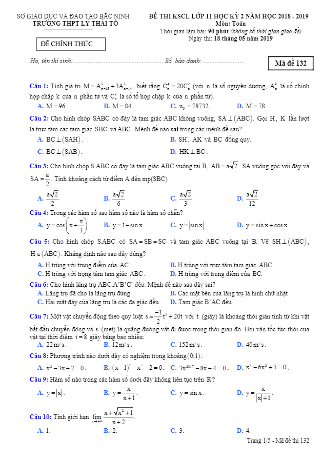 Đề thi KSCL Toán 11 HK2 năm 2018 2019 trường Lý Thái Tổ Bắc Ninh