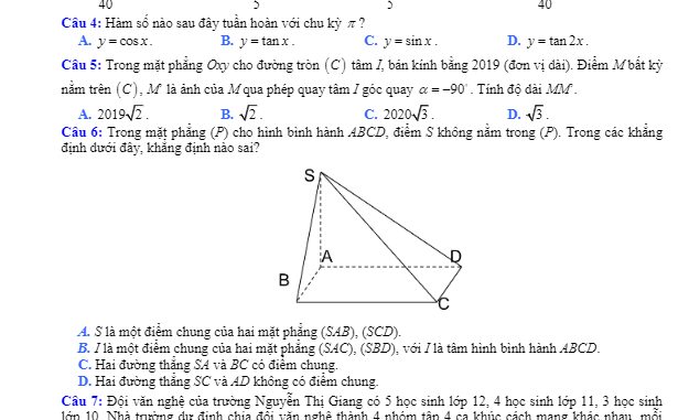 Đề thi KSCL Toán 11 lần 1 năm 2019 2020 trường Nguyễn Thị Giang Vĩnh Phúc