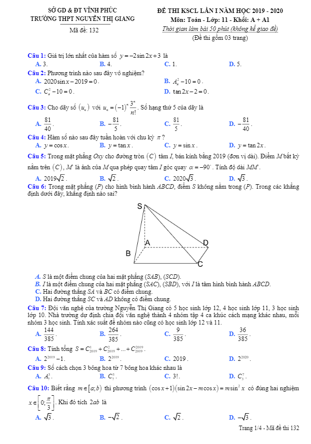 Đề thi KSCL Toán 11 lần 1 năm 2019 2020 trường Nguyễn Thị Giang Vĩnh Phúc