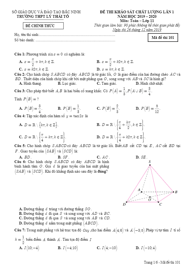 Đề thi KSCL Toán 11 lần 1 năm 2019 2020 trường THPT Lý Thái Tổ Bắc Ninh