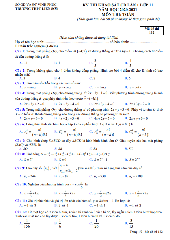 Đề thi KSCL Toán 11 lần 1 năm 2020 2021 trường THPT Liễn Sơn Vĩnh Phúc