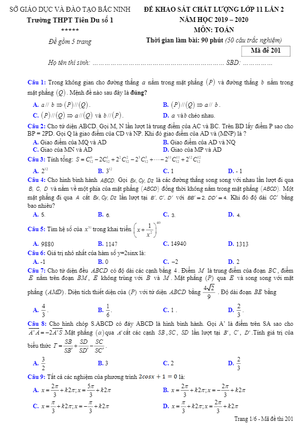 Đề thi KSCL Toán 11 lần 2 năm 2019 2020 trường THPT Tiên Du 1 Bắc Ninh