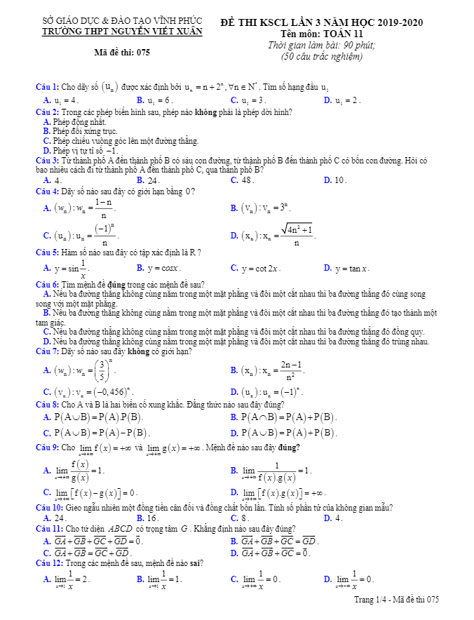 Đề thi KSCL Toán 11 lần 3 năm 2019 2020 trường THPT Nguyễn Viết Xuân Vĩnh Phúc