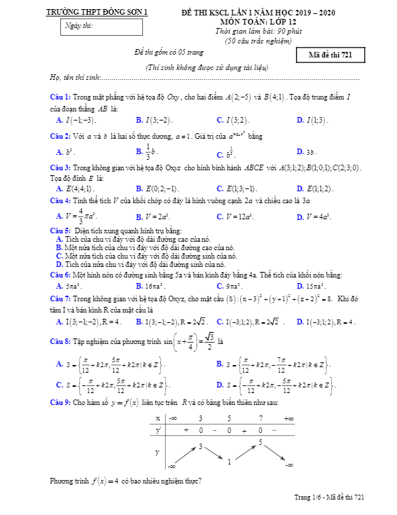 Đề thi KSCL Toán 12 lần 1 năm 2019 2020 trường Đông Sơn 1 Thanh Hoá