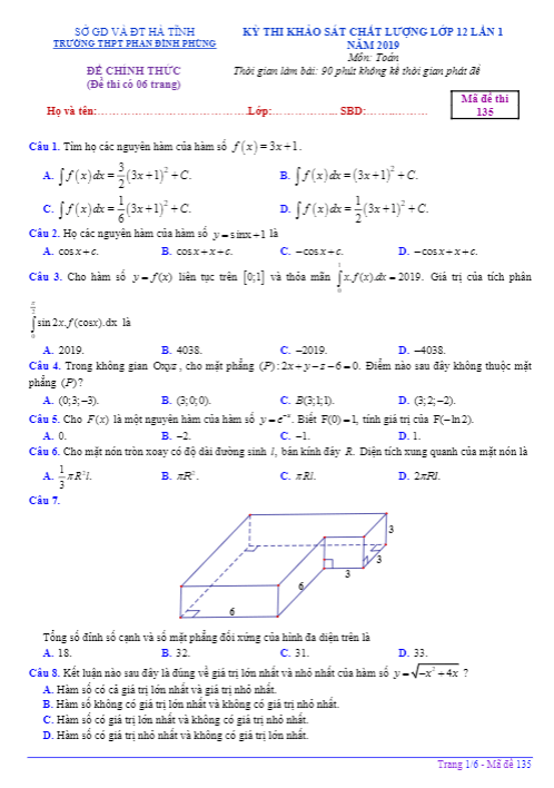 Đề thi KSCL Toán 12 lần 1 năm 2019 trường THPT Phan Đình Phùng Hà Tĩnh