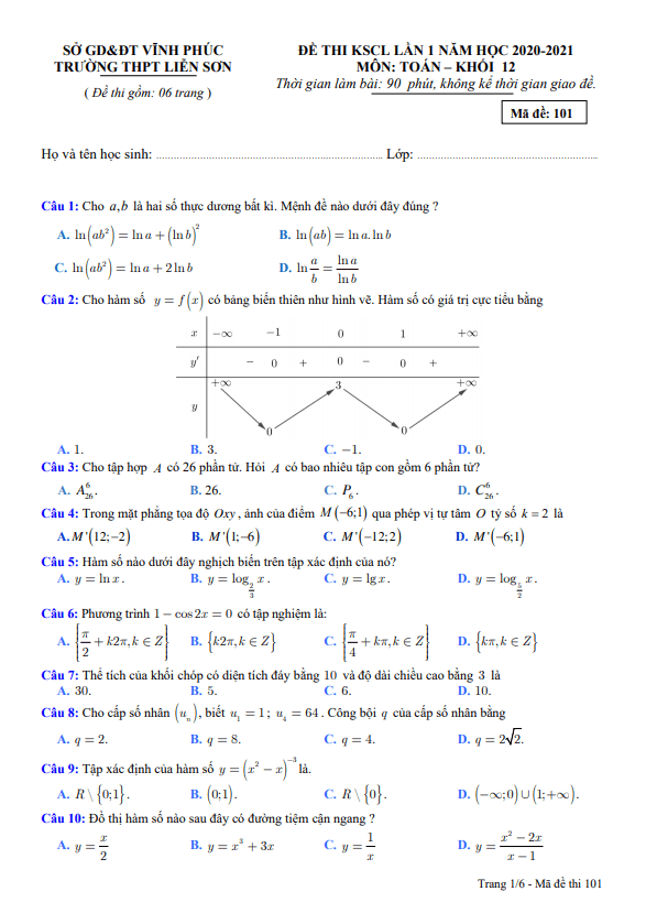 Đề thi KSCL Toán 12 lần 1 năm 2020 2021 trường THPT Liễn Sơn Vĩnh Phúc