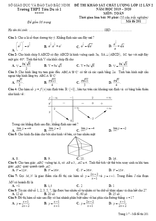 Đề thi KSCL Toán 12 lần 2 năm 2019 2020 trường THPT Tiên Du 1 Bắc Ninh