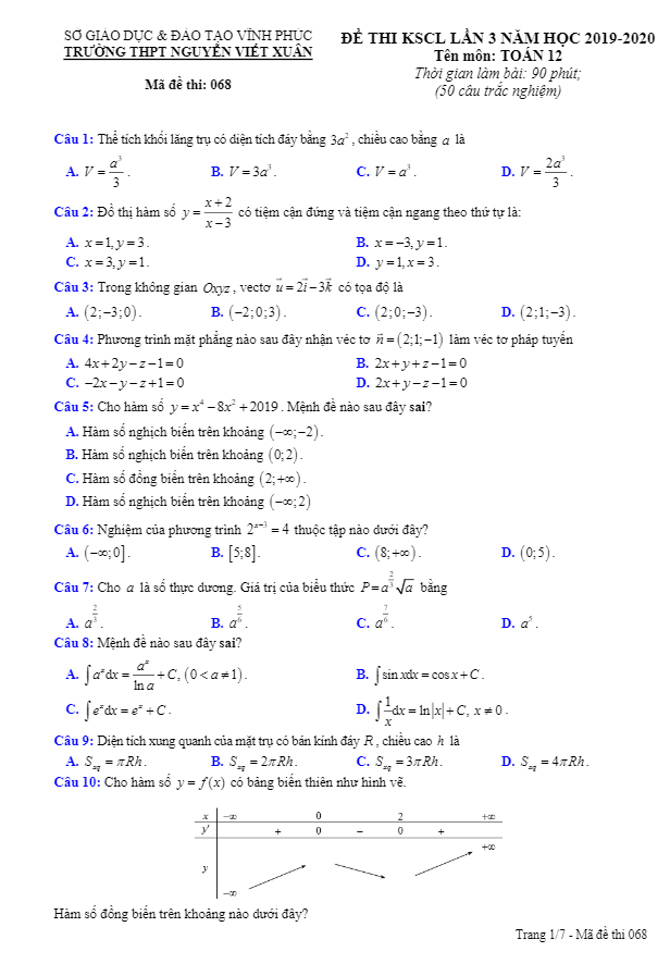 Đề thi KSCL Toán 12 lần 3 năm 2019 2020 trường THPT Nguyễn Viết Xuân Vĩnh Phúc
