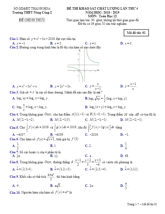 Đề thi KSCL Toán 12 lần 4 năm 2018 2019 trường Nông Cống 2 Thanh Hóa
