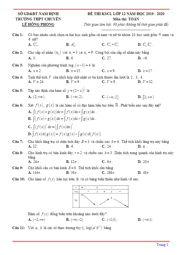 Đề thi KSCL Toán 12 năm 2019 2020 trường chuyên Lê Hồng Phong Nam Định