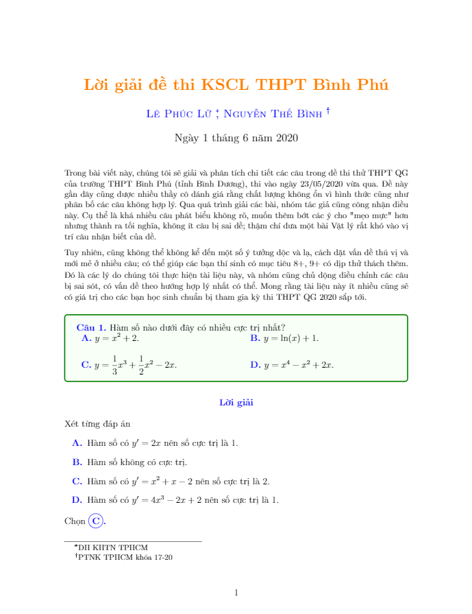 Đề thi KSCL Toán 12 năm 2019 2020 trường THPT Bình Phú Bình Dương